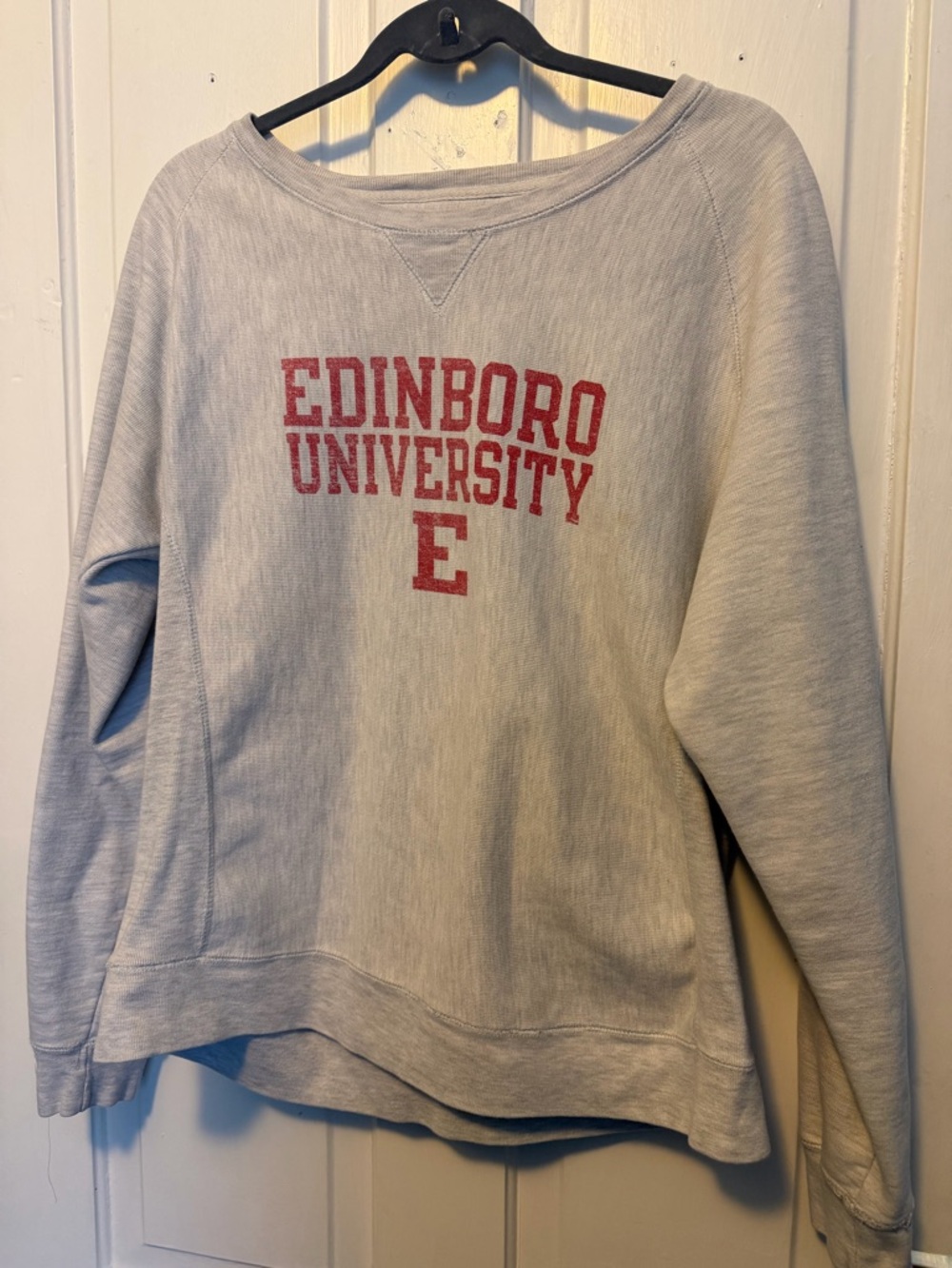“Vintage” Champion Light Gray Crewneck with Red Edinboro University Logo